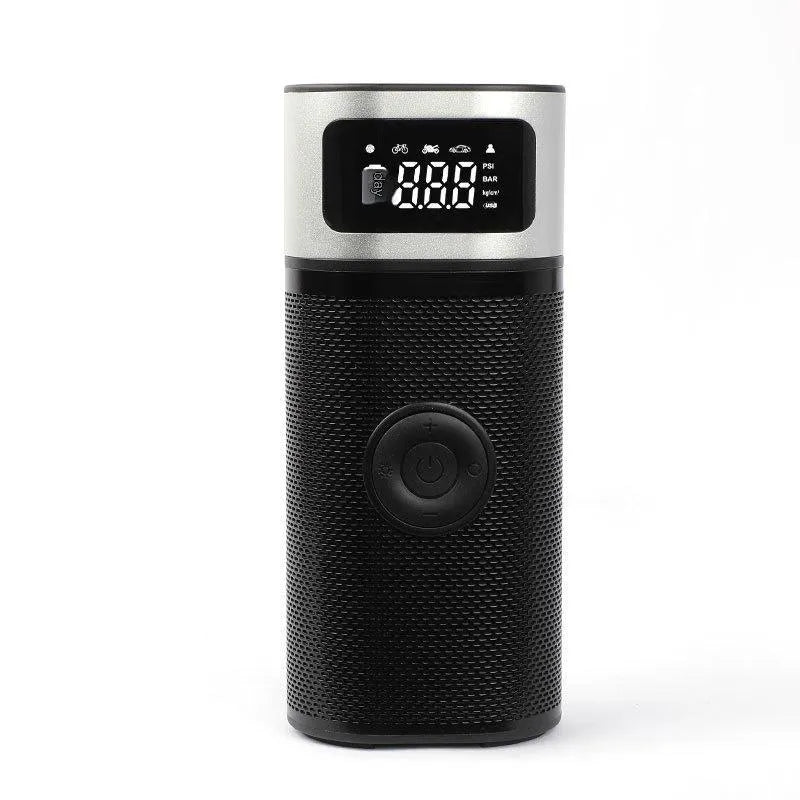 Black portable wireless air pump with USB charging cable and multiple nozzle attachments including bicycle, ball, and swimming ring connectors