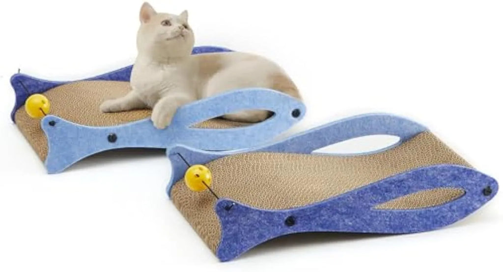 Blue fish-shaped cardboard cat scratcher with ball toy on elastic cord