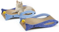 Blue fish-shaped cardboard cat scratcher with ball toy on elastic cord