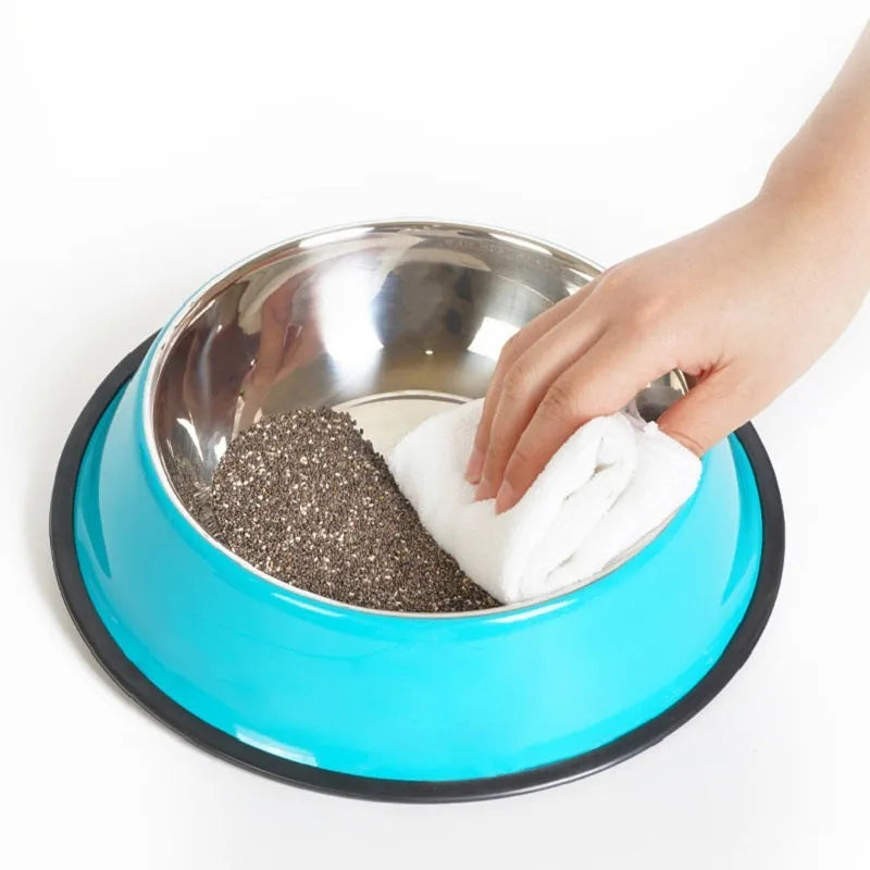 Stainless steel pet feeding bowl with colourful melamine exterior and non-slip rubber base