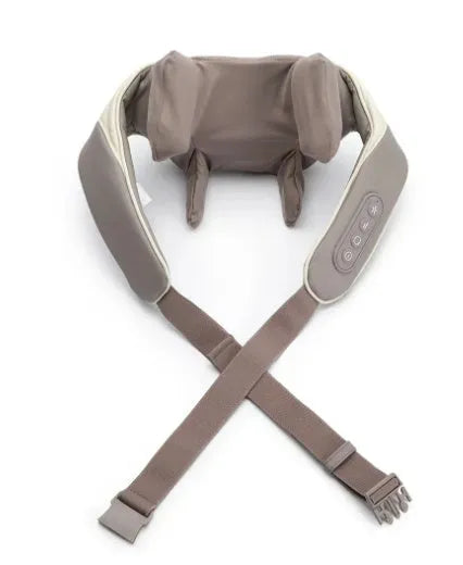 Milky white rechargeable handheld shoulder and neck kneading massager with USB cable.
