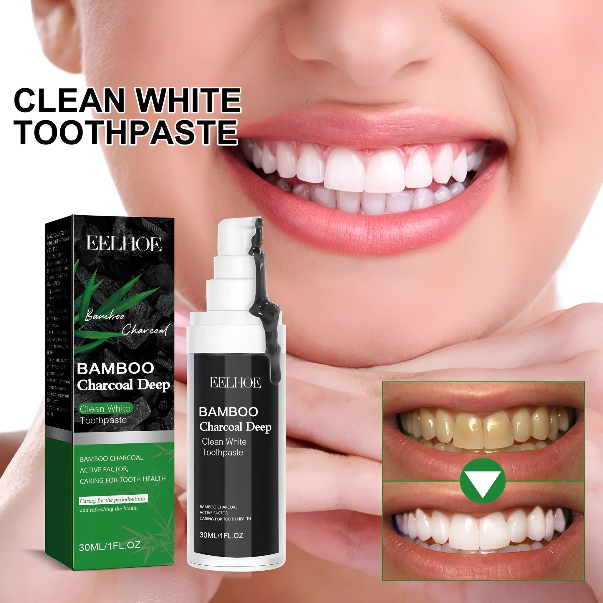 30ml tube of bamboo charcoal bright white stain removing toothpaste on a white background
