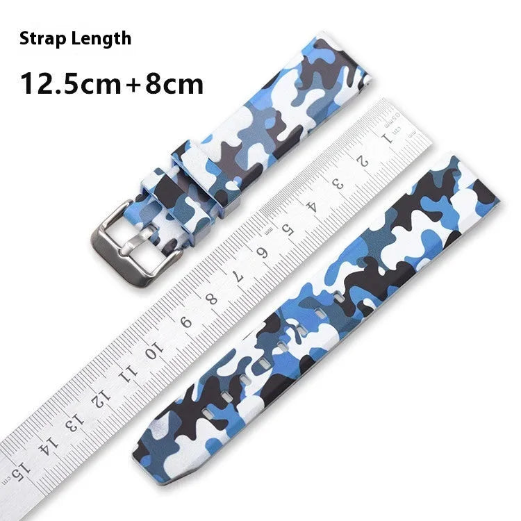 Green camouflage silicone watch strap showing 20mm width and 5mm thickness