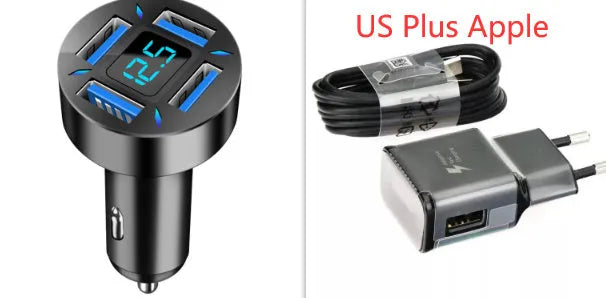 Black four-port USB car charger with LED digital display, compact design for vehicle use.