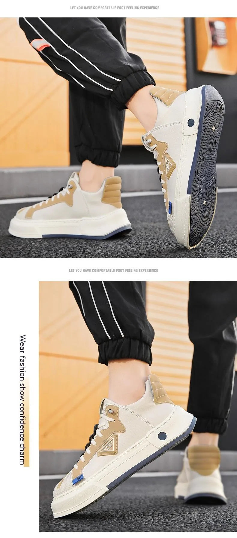 Men's beige low-top casual sneakers with elastic band closure and leather stitching details