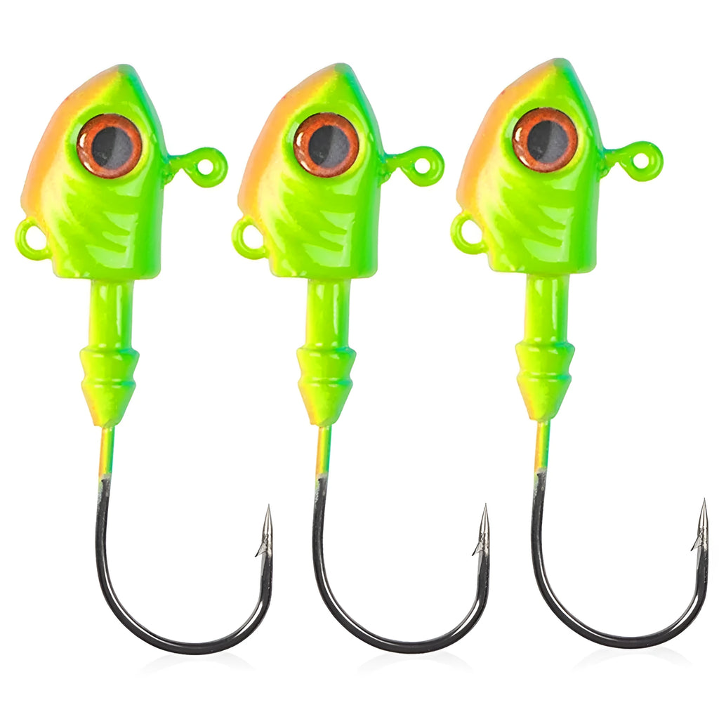 Simulated Yayu shaped lead head fishing hooks in blue, silver, and yellow, showing various weights from 3.5g to 28g.