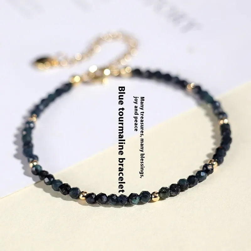 3mm blue tourmaline beaded bracelet with spacer beads for women