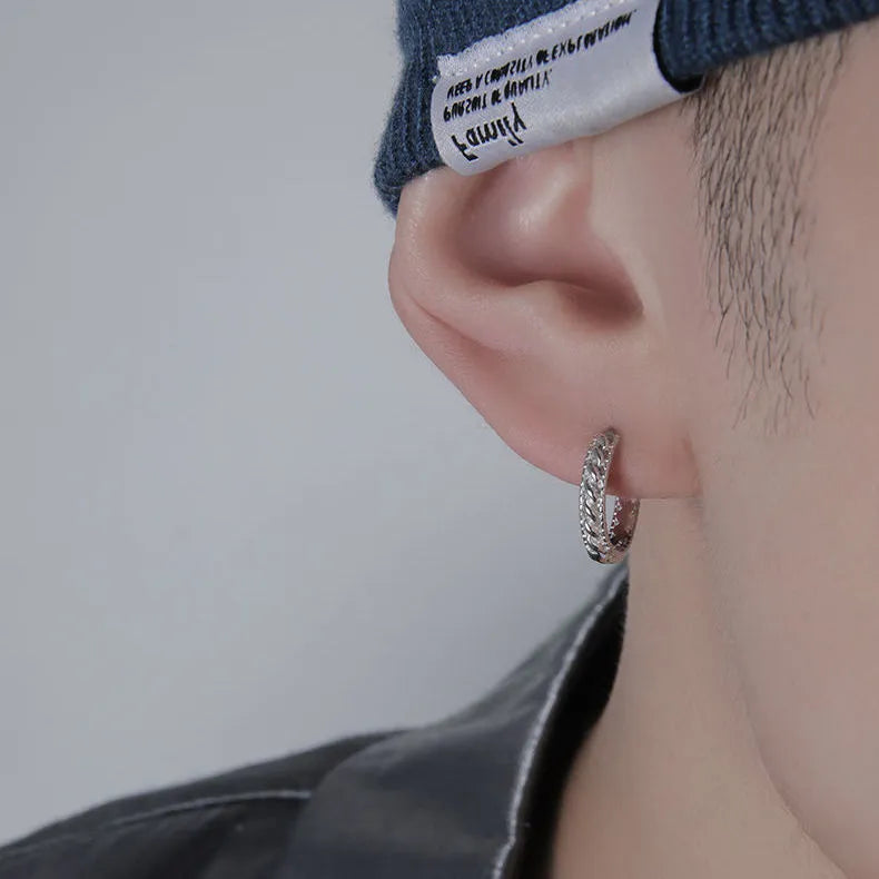 West Coast men's geometric copper earrings in hip hop style showing 10mm and 14mm size options