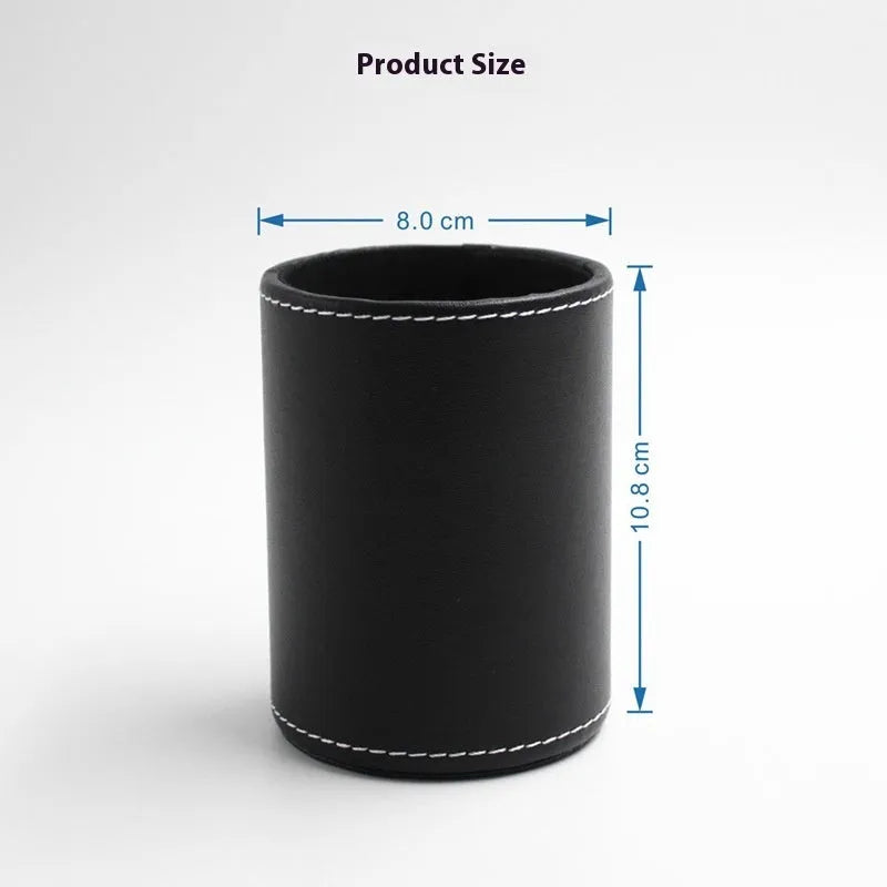 Round black leather pen container 8cm diameter 10.8cm height for office desk