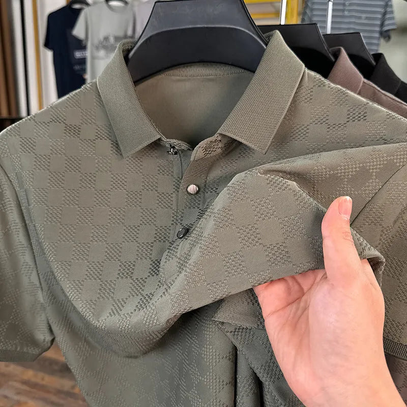Rhombus thin Ice Silk short sleeve T-shirt with side slit detail in black, green, or brown.