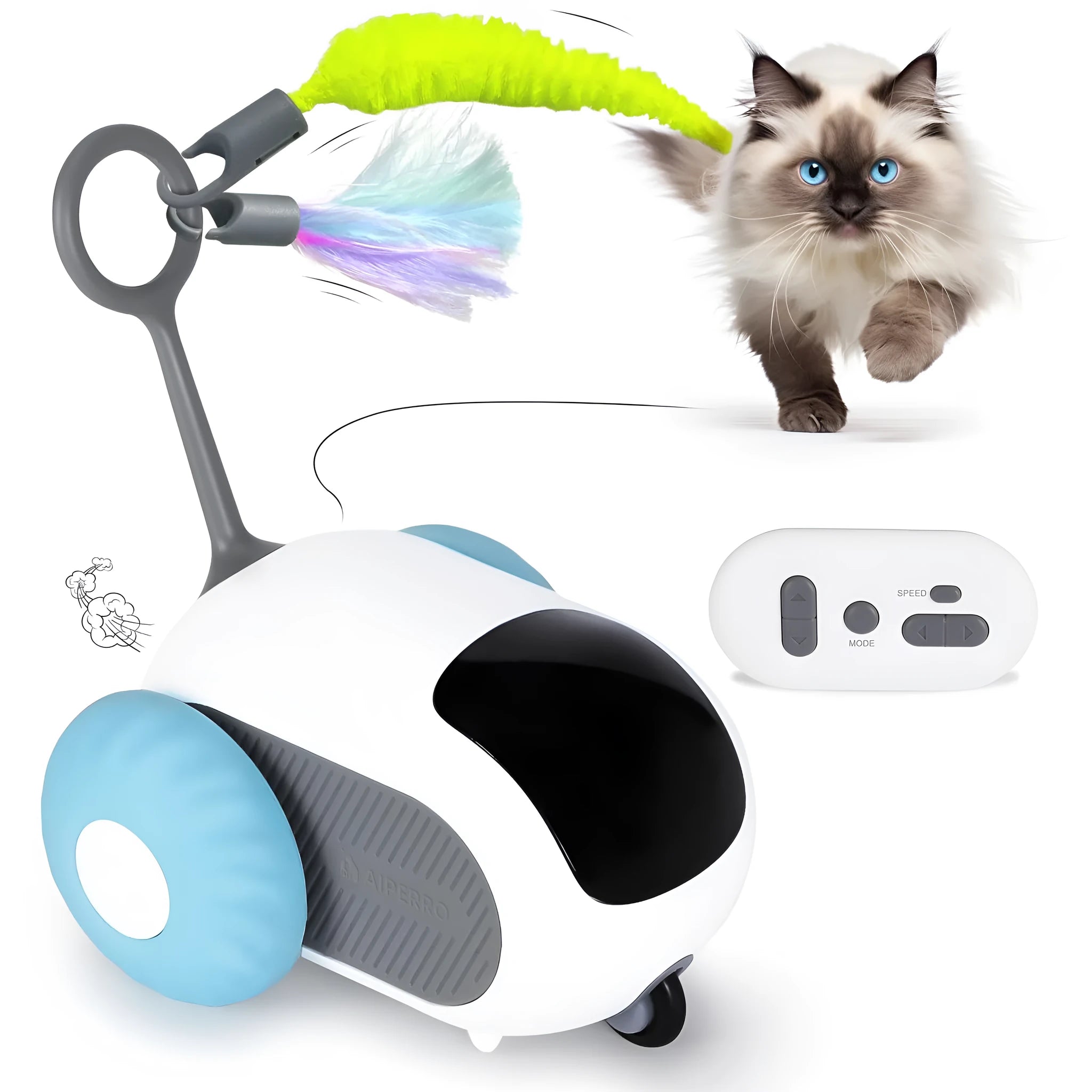Blue and orange smart cat toy car with remote control and feather teaser attachment