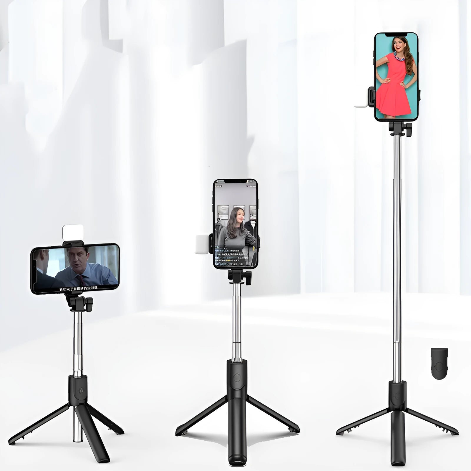 Bluetooth selfie stick with integrated tripod and phone holder in aluminium alloy