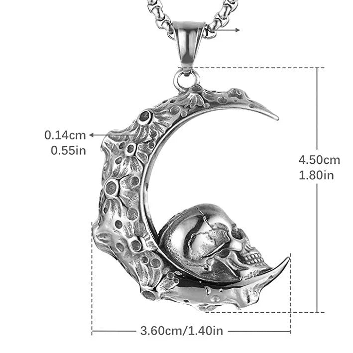 Men's stainless steel skull necklace with electroplated silver finish showing six pendant design variations