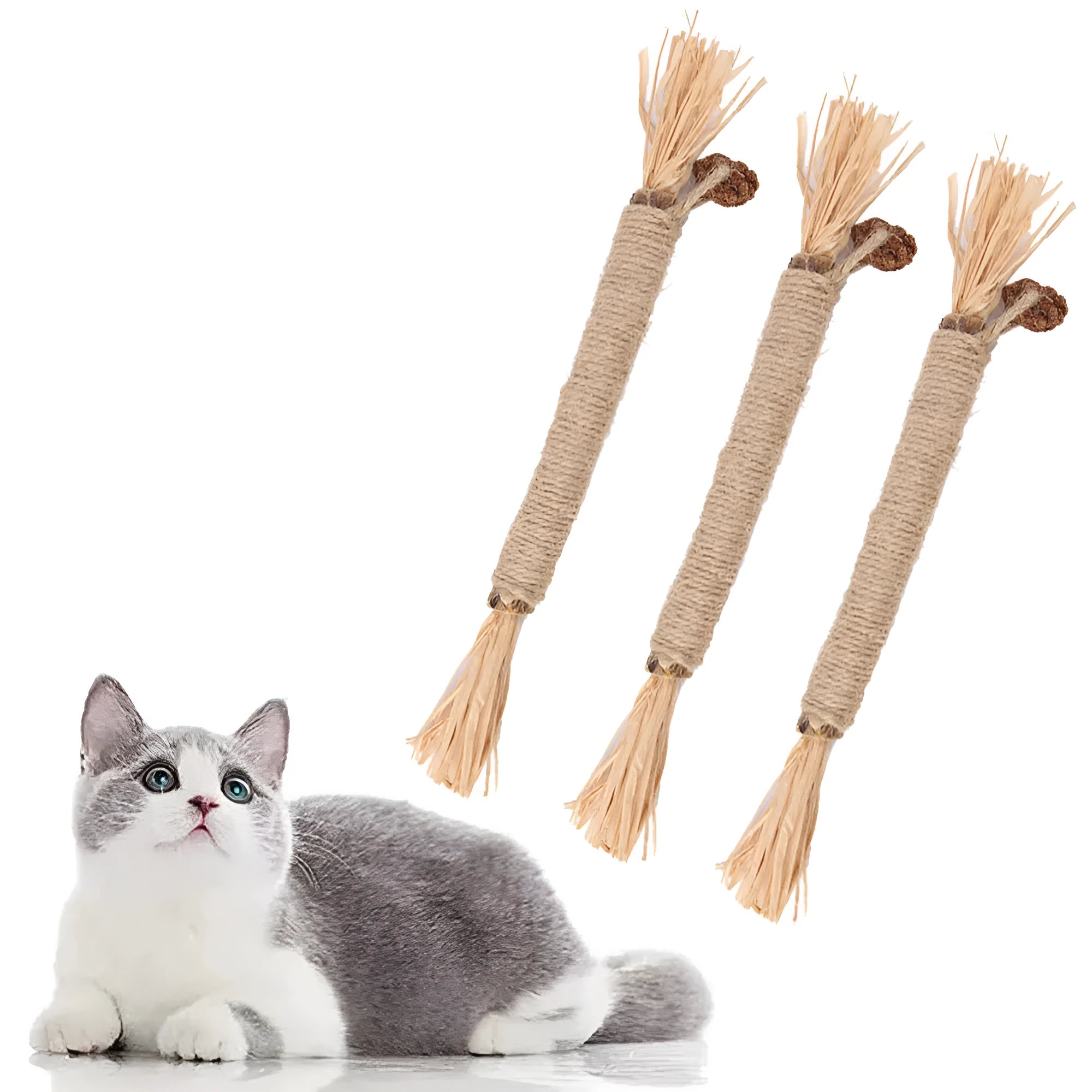 3-pack of natural silvervine chew sticks for cats on a wooden surface