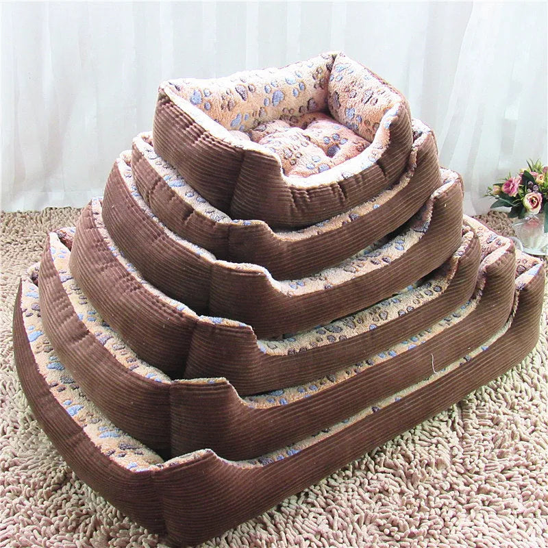 Plush pet bed mat for small dogs and cats showing size options and colour variations