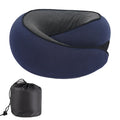 A U-shaped memory foam neck pillow in a modern simplicity style, shown with its included storage bag.