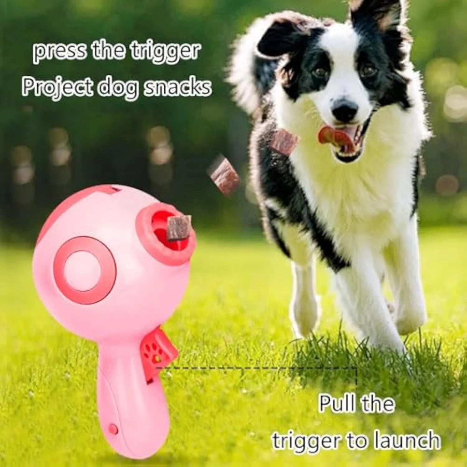 Green, orange, and pink coloured interactive dog treat launcher and food dispenser toy.