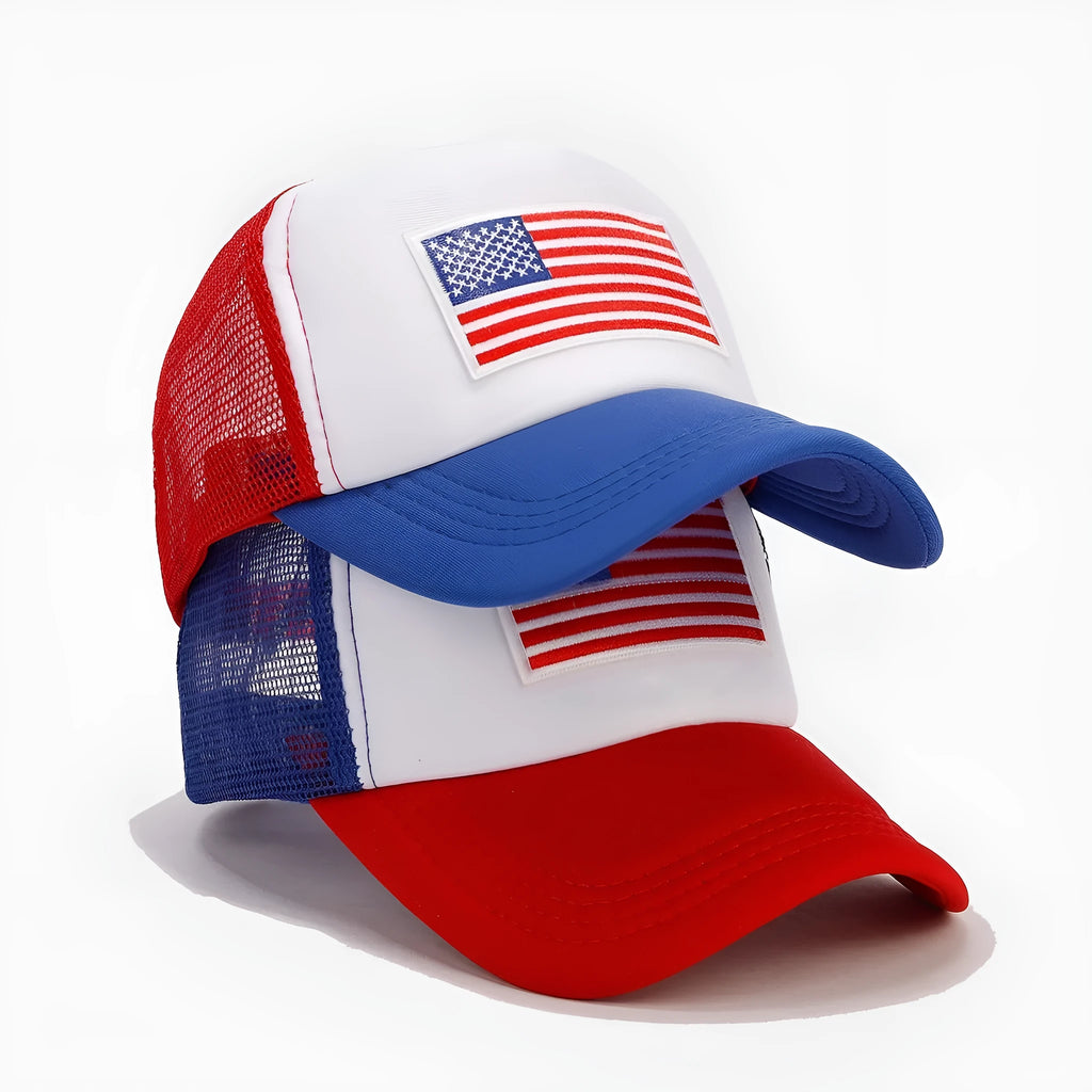 Red and blue contrast baseball cap with dome crown and adjustable strap