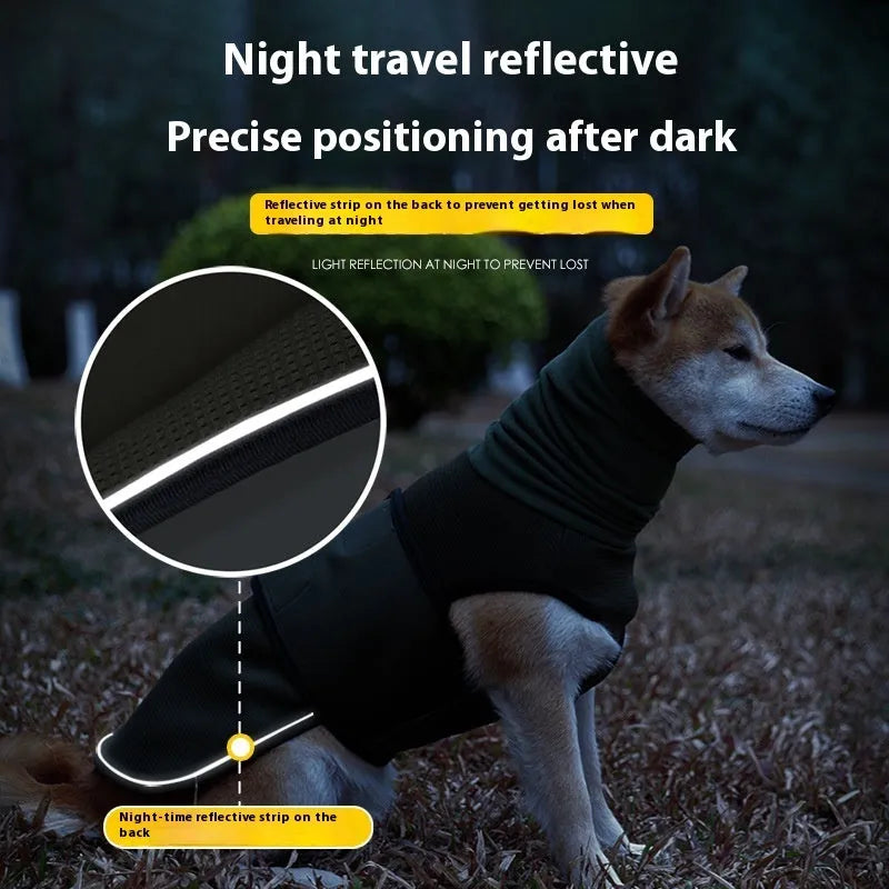 Dog wearing army green anti-anxiety jacket for stress relief during thunderstorms or travel