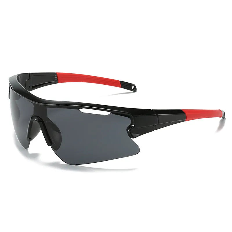 Windproof sports sunglasses for cycling and fishing in black frame with grey lens.