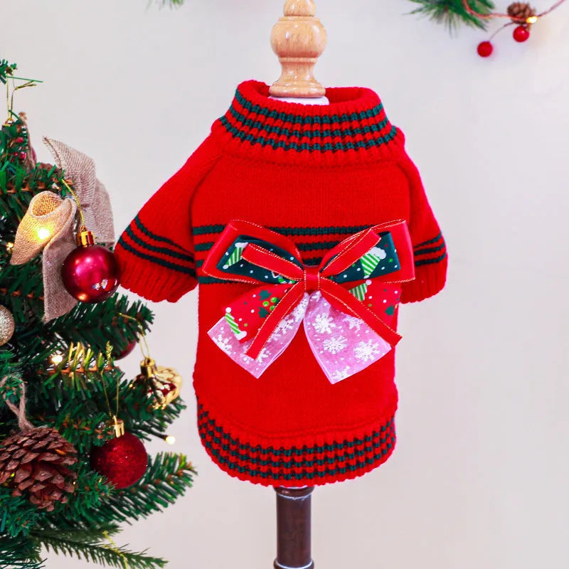 Red and green polyester Christmas jumper for a small dog or cat, showing size range from XS to XL.