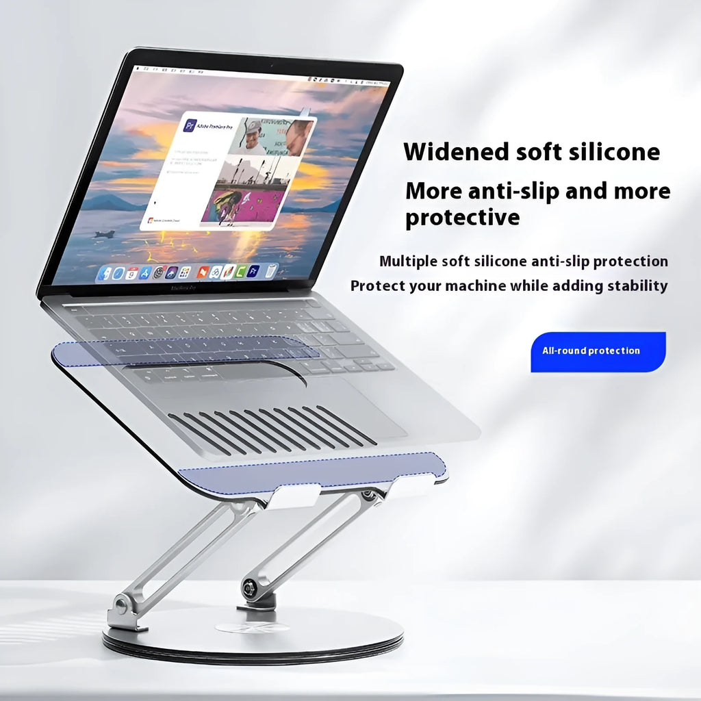 Silver aluminium laptop stand with adjustable height mechanism and rotatable screen positioning