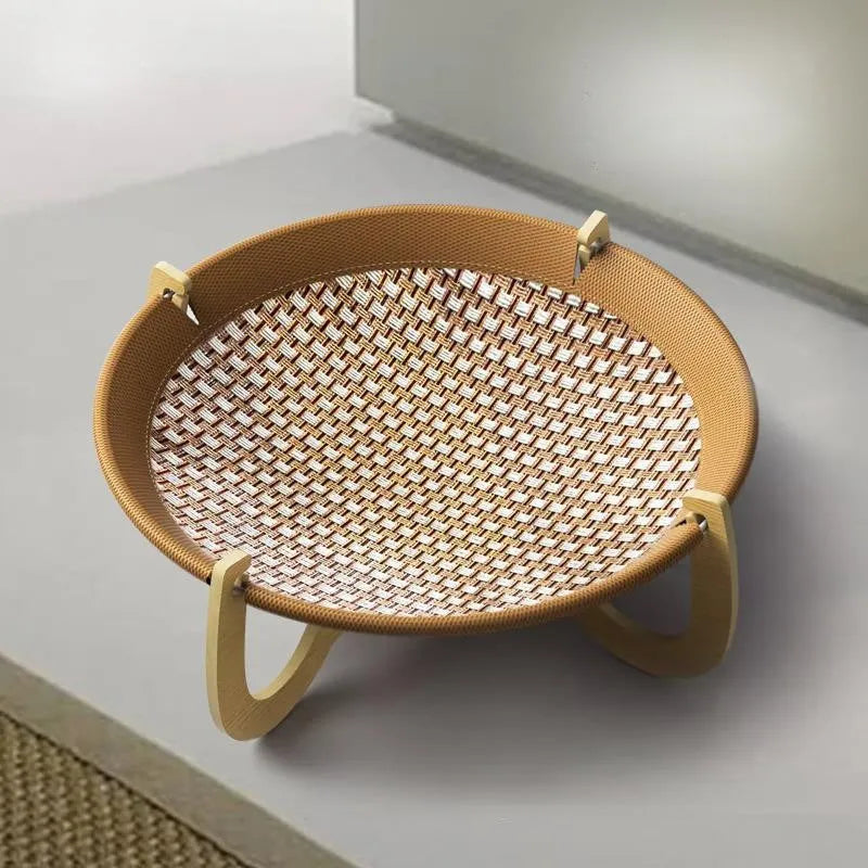 Brown woven rattan pet hammock bed measuring 46cm square with crib-style sides