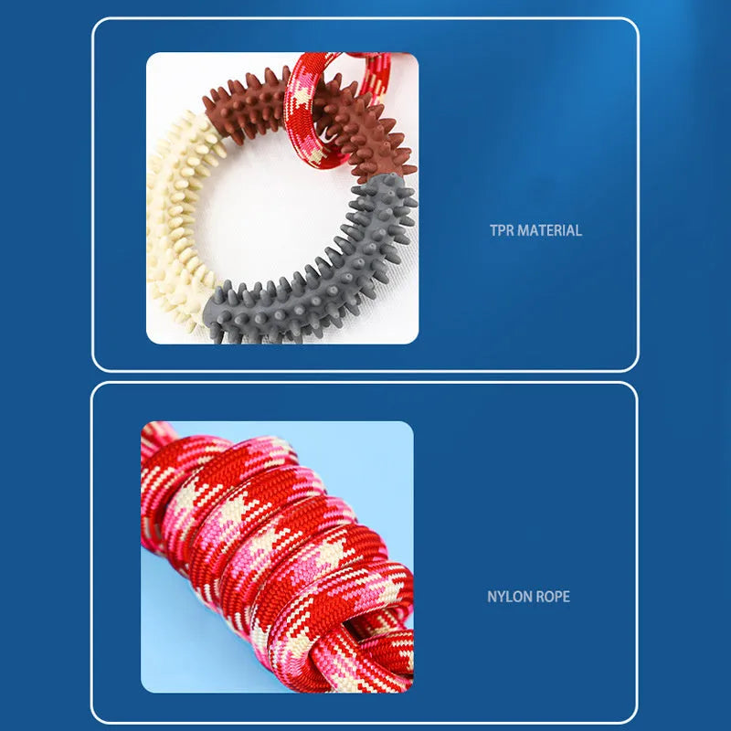 Blue braided rope dog toy with multiple knots, shown on a white background.