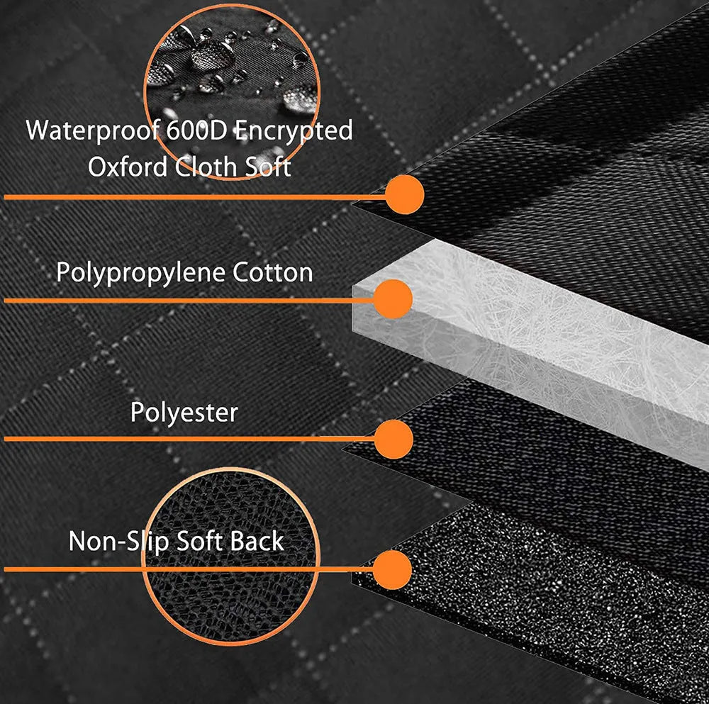 Black waterproof dog car seat cover with orange edging laid out on a car rear seat, showing mesh window and storage pocket.