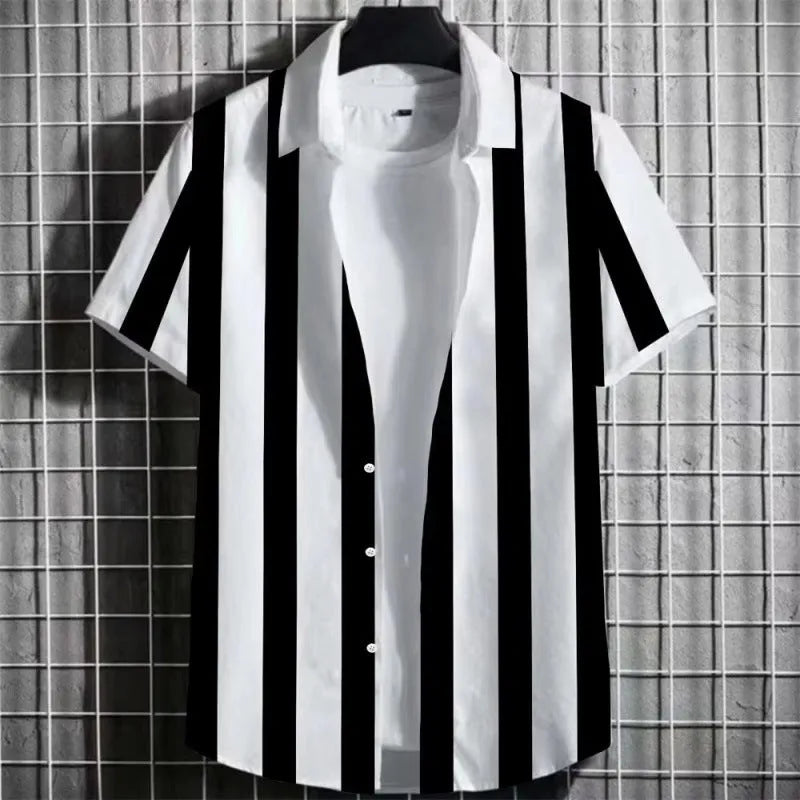 Men's striped linen t-shirt with 3D printing pattern in short sleeve design