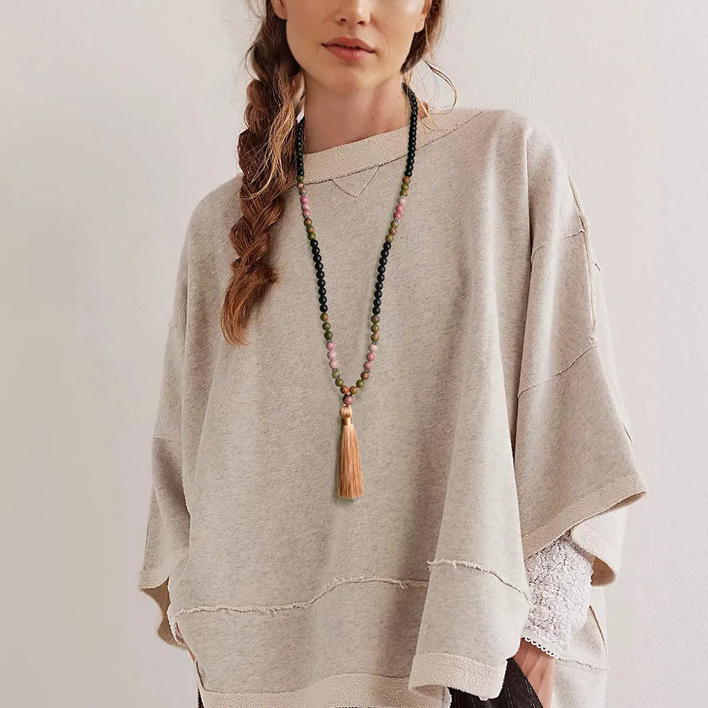 Handmade long beaded necklace with 108 natural stone tassels in bohemian style.