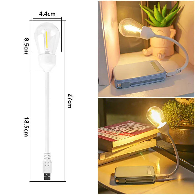 Folding USB rechargeable night light with glowing tungsten filament bulb.