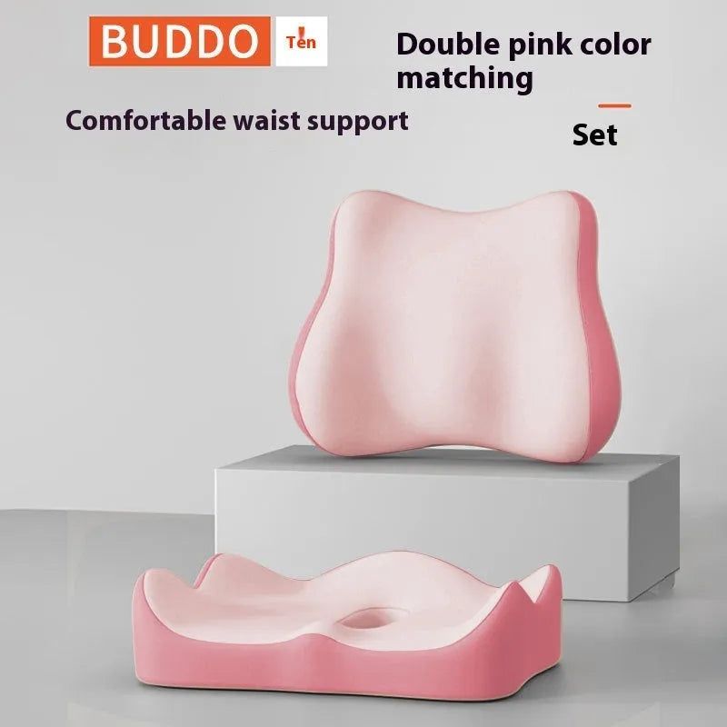 A solid colour memory foam seat cushion for lumbar support, shown in a grey colour option on an office chair.