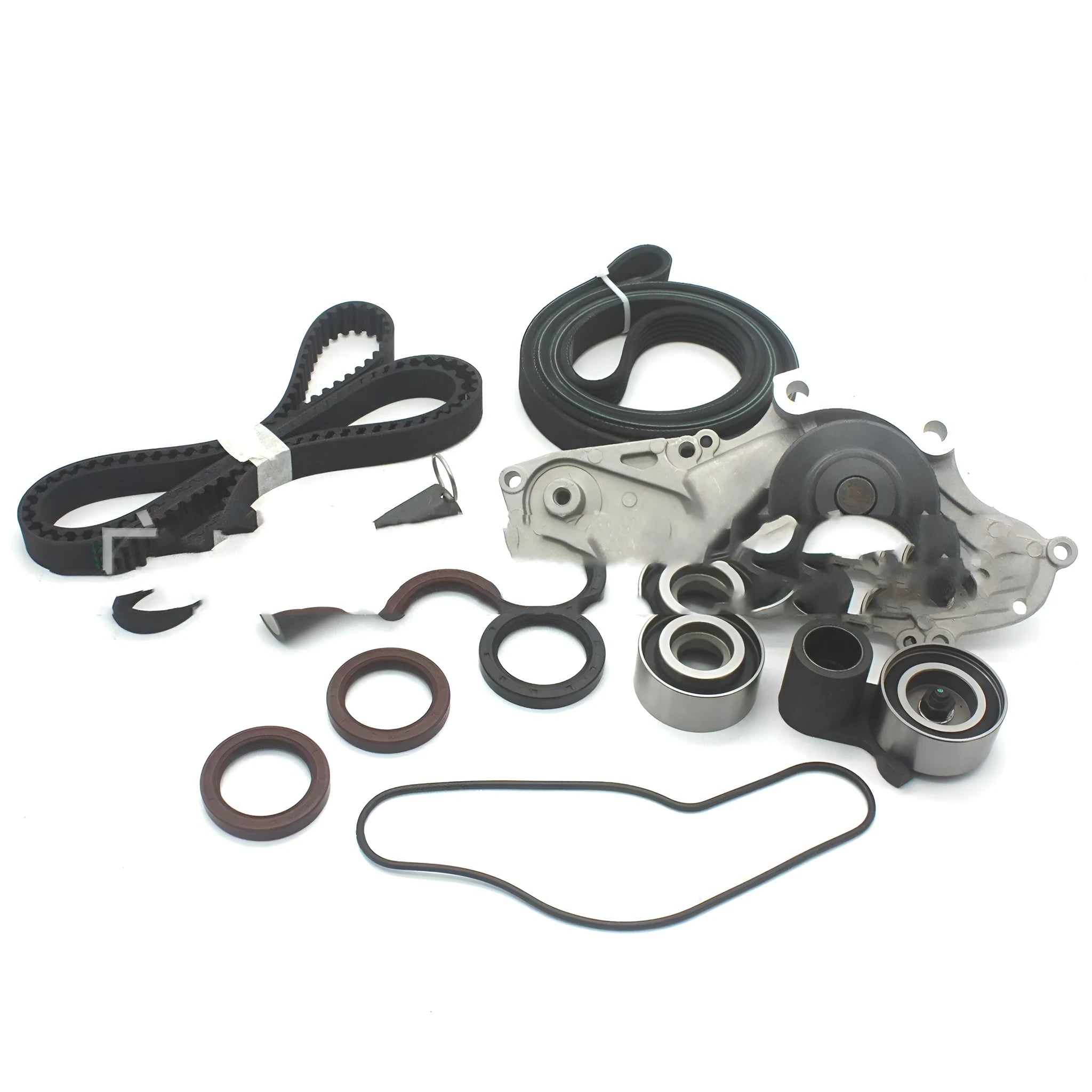 Metal automotive belt and water pump assembly components for engine cooling system repairs