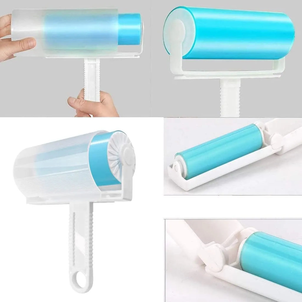 Washable reusable lint roller with protective cover in blue, green, pink, or yellow colours