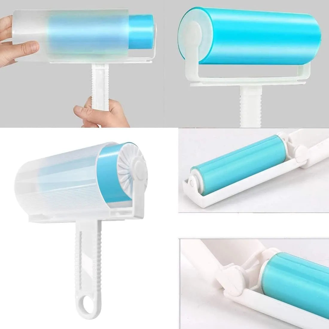Washable reusable lint roller with protective cover in blue, green, pink, or yellow colours