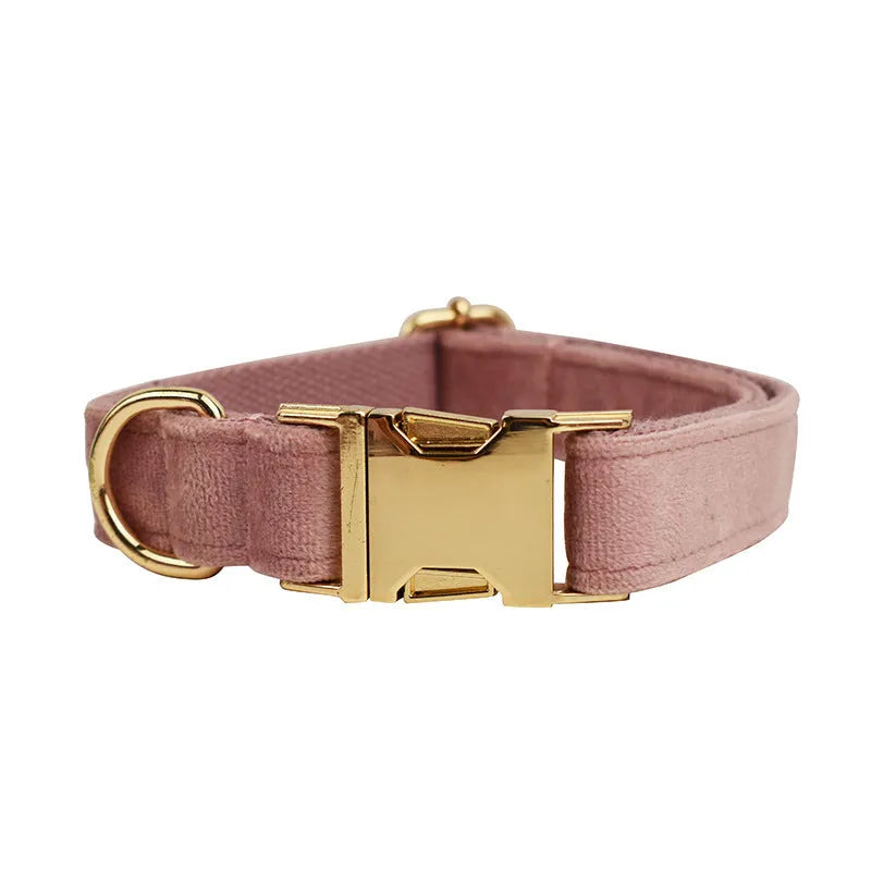 Light purple pink velvet dog collar set with matching leash and bowknot accessory