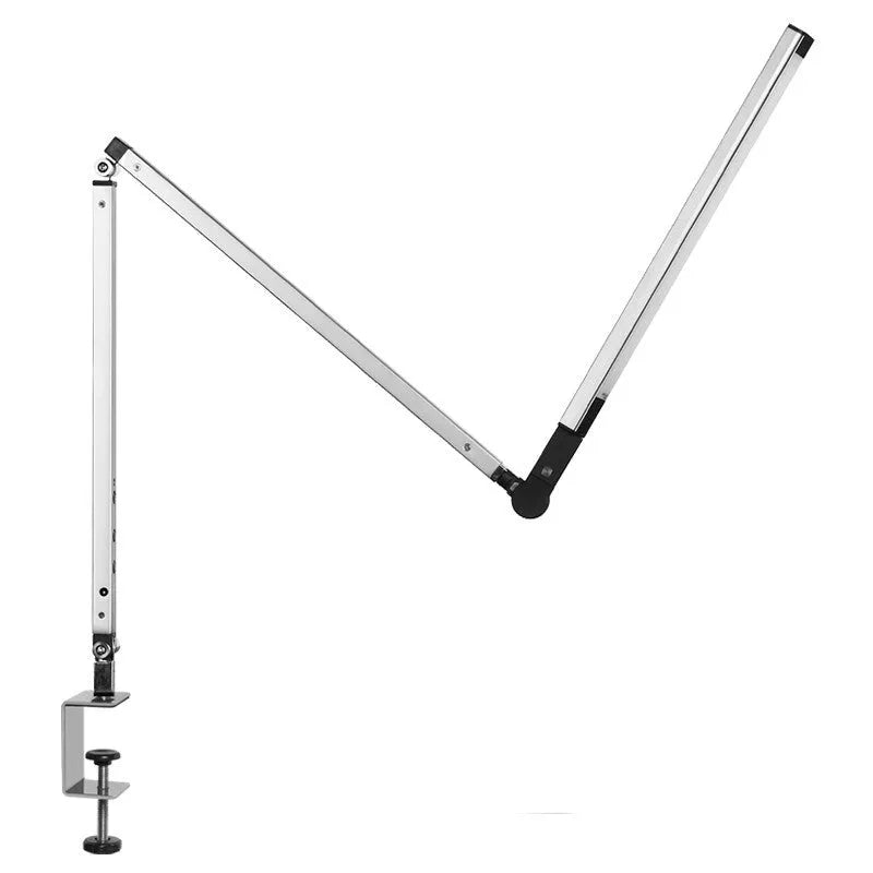 Adjustable aluminium desk lamp with clip base and remote control, shown in dazzling black finish.