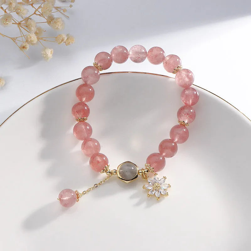 Strawberry quartz crystal bracelet with Korean Mori style floral design and electroplated finish