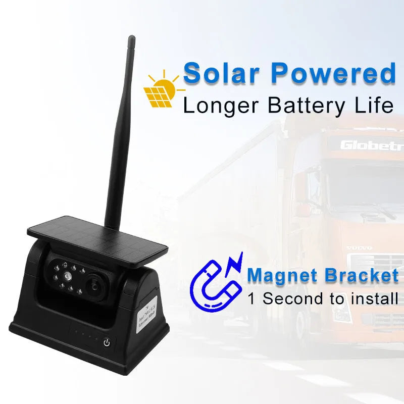 Solar-powered wireless reversing camera system with magnetic mount showing aluminium alloy construction