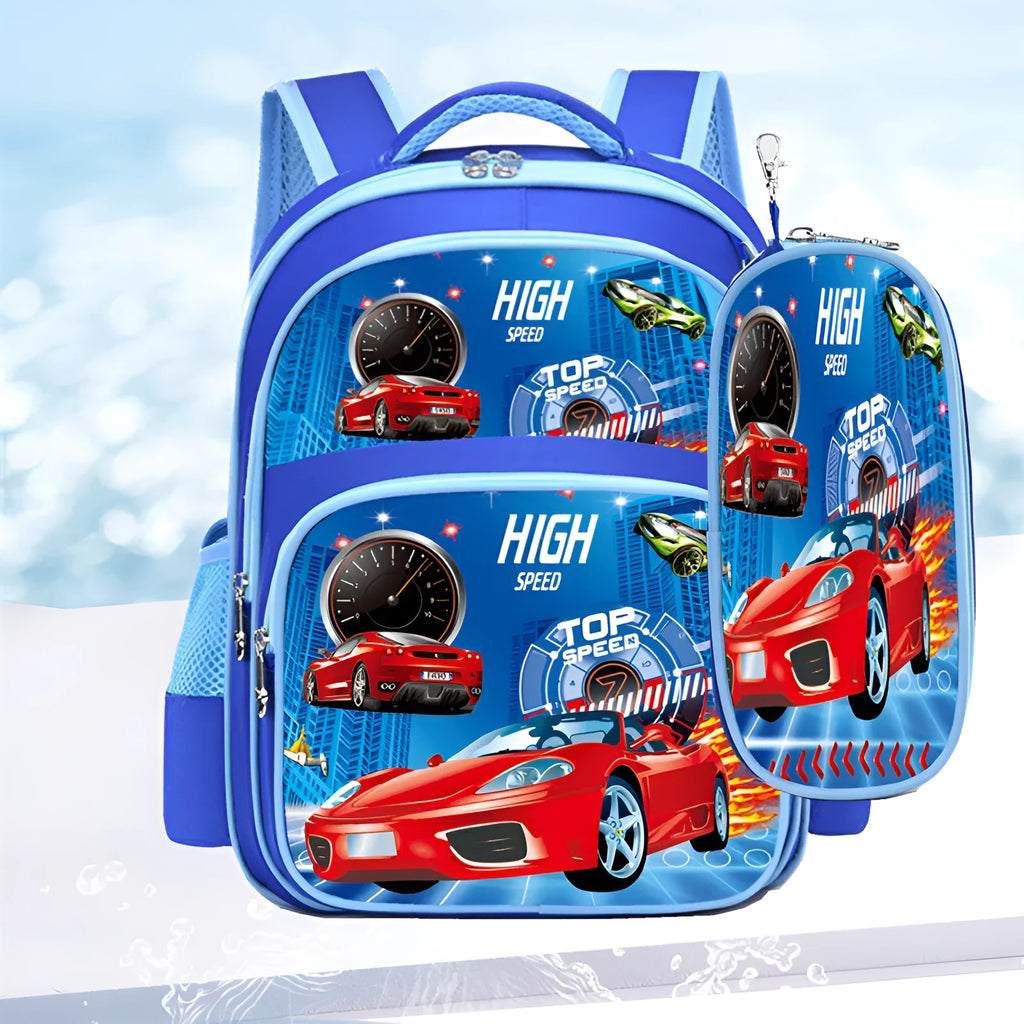 Blue children's cartoon print school backpack with pencil case, dimensions 30x14x42cm