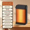 Black smart desktop electric heater with remote control on a wooden desk