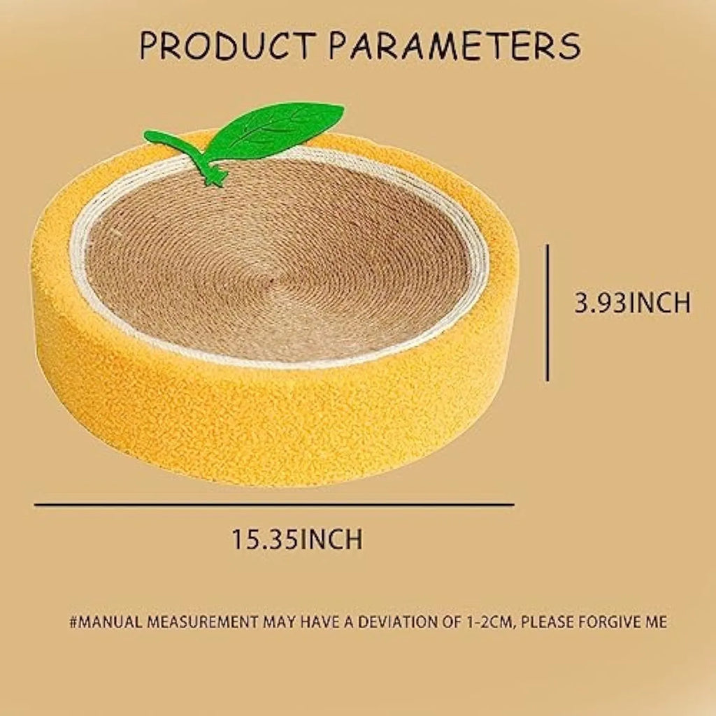 Yellow circular cat scratching board with sisal surface and central sleeping area