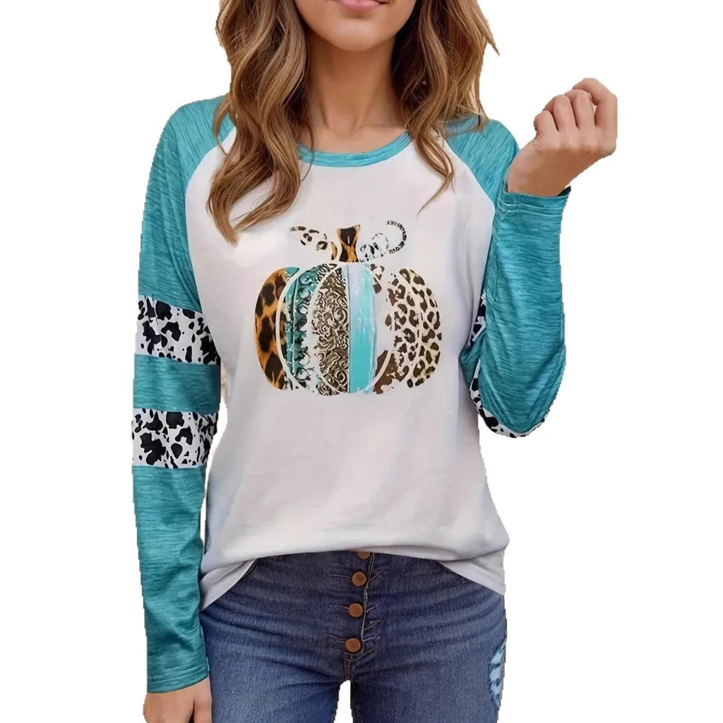 Sky blue Halloween pumpkin digital print t-shirt with long sleeves on mannequin