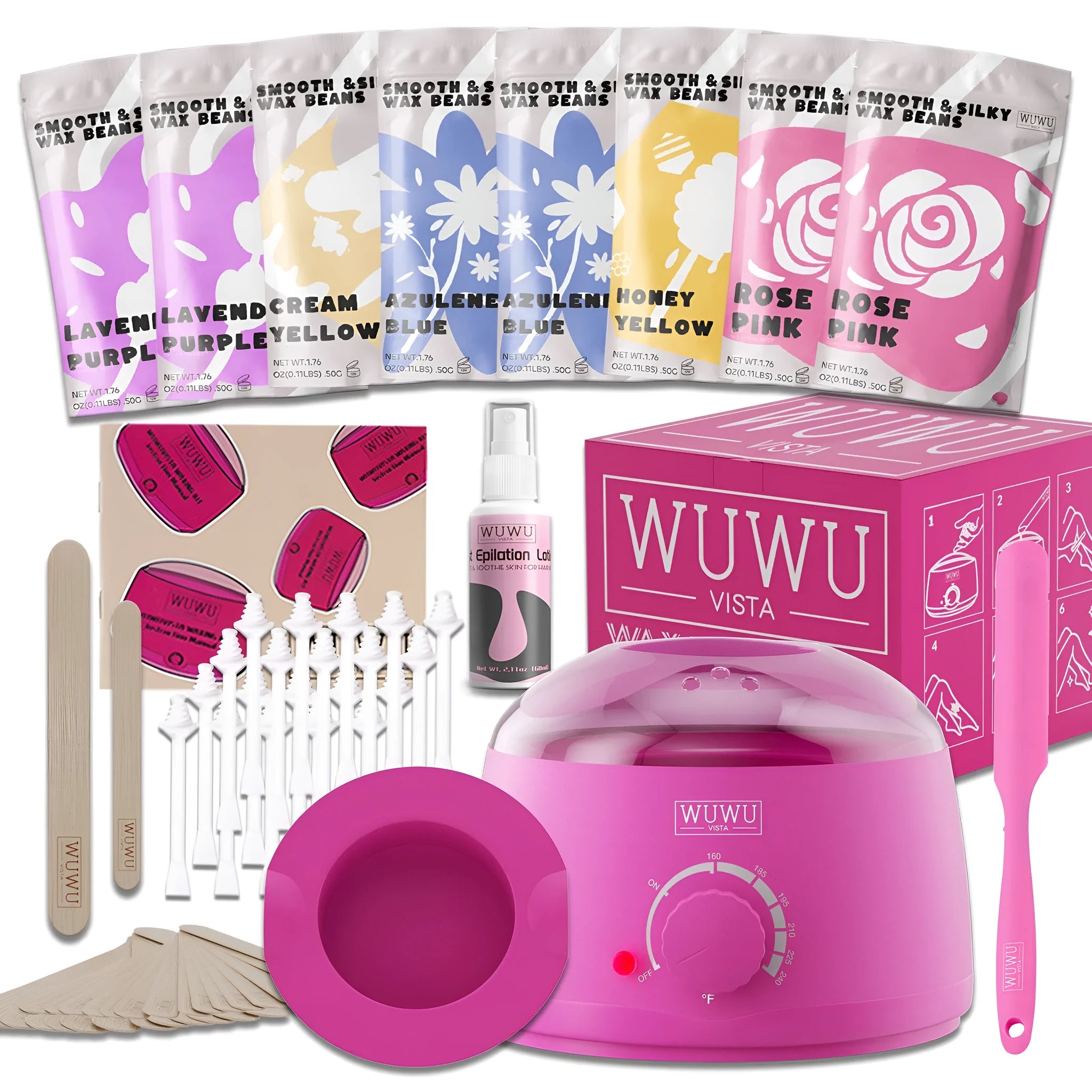 WUWUVISTA 63-piece waxing kit with black wax warmer, wax beads, applicator sticks, and silicone tools