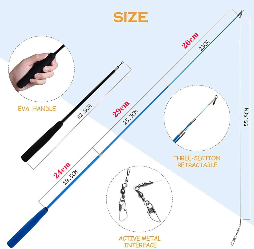 Cat teasing pole set with two handheld rods and ten feather replacement heads