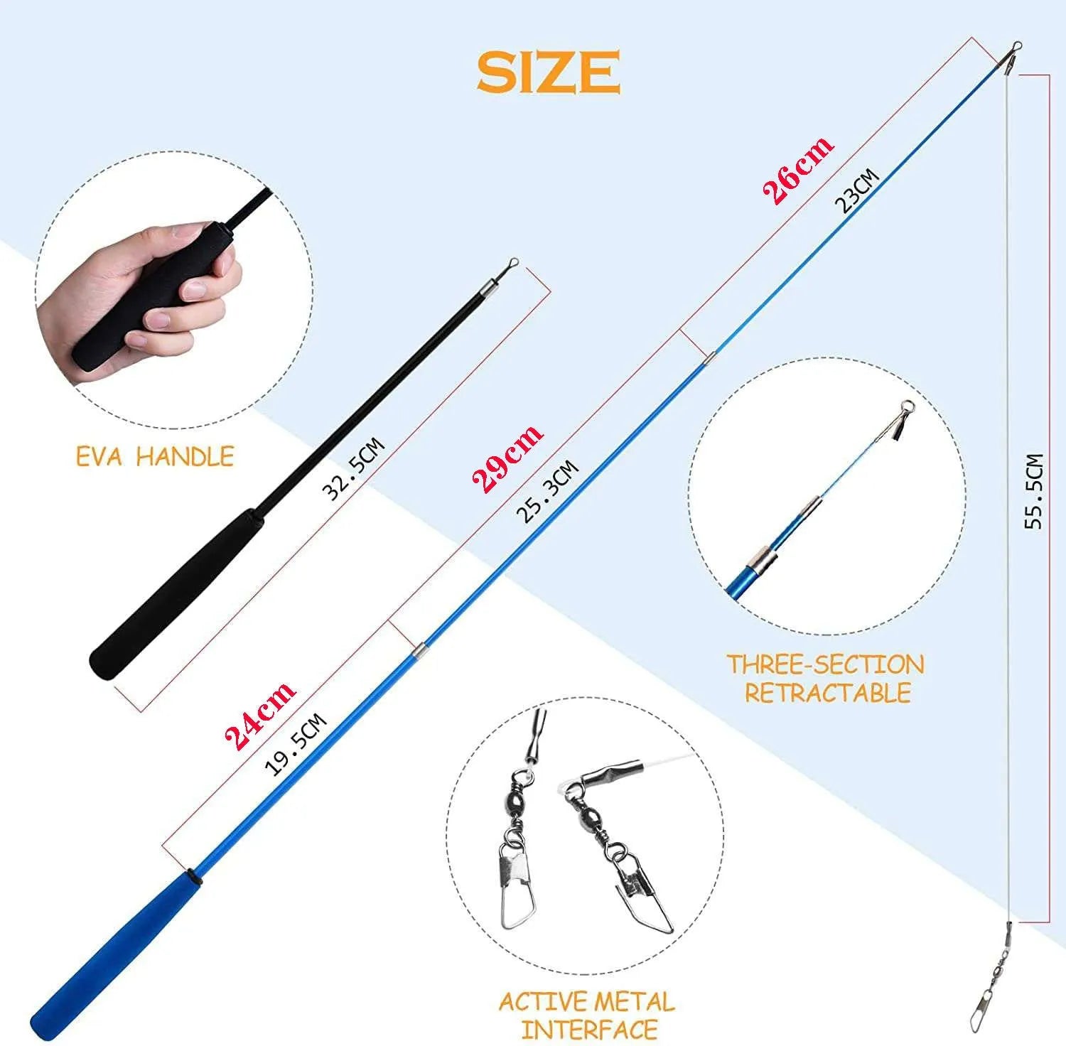 Cat teasing pole set with two handheld rods and ten feather replacement heads