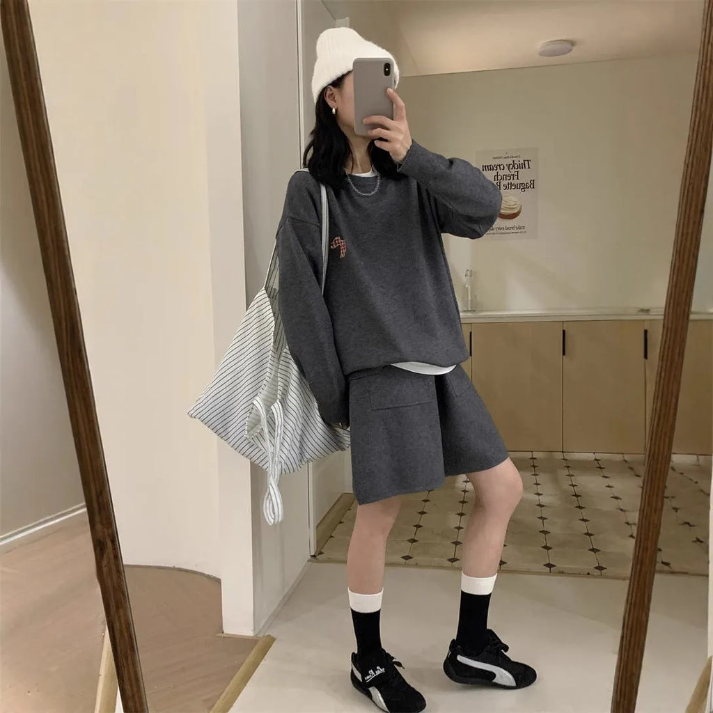 Women's knitted sweater shorts suit with embroidery detail in milk blue colour
