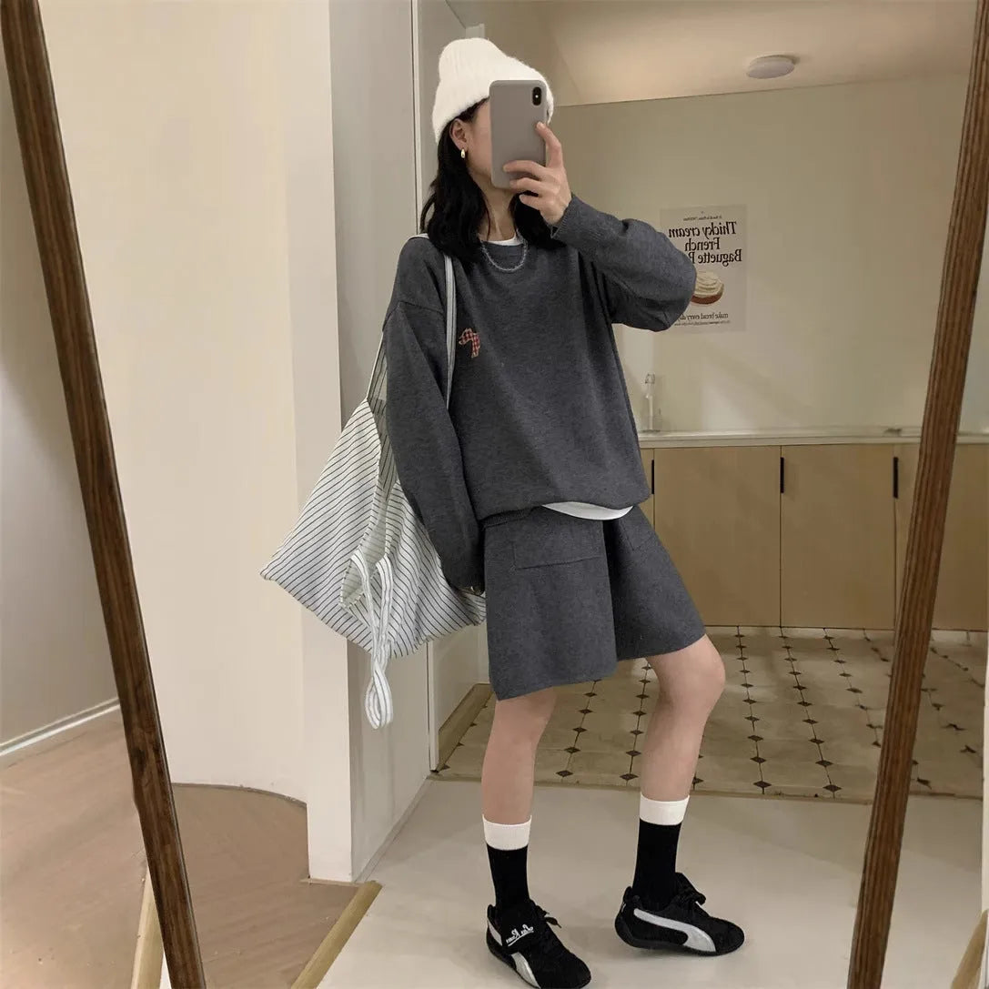 Women's knitted sweater shorts suit with embroidery detail in milk blue colour