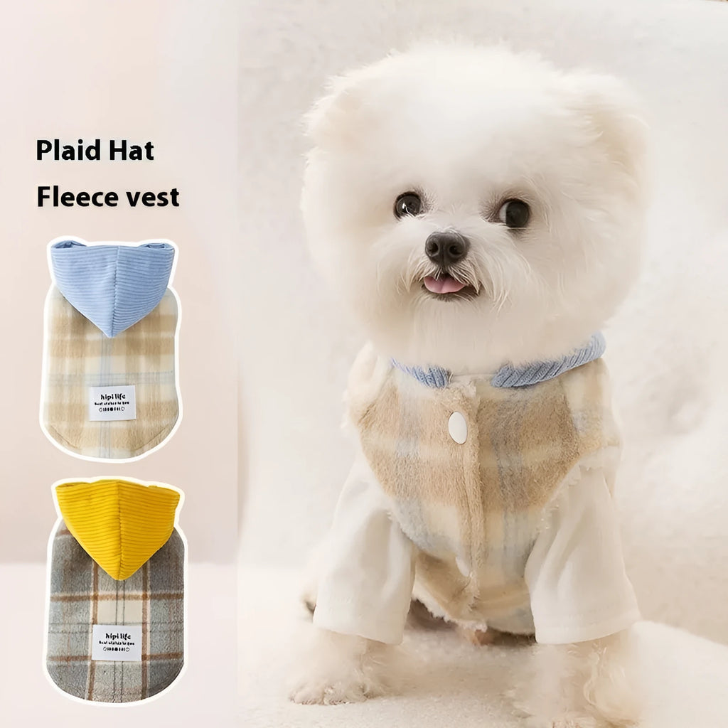 Blue and yellow corduroy hooded dog vest with chessboard grid pattern and traction point